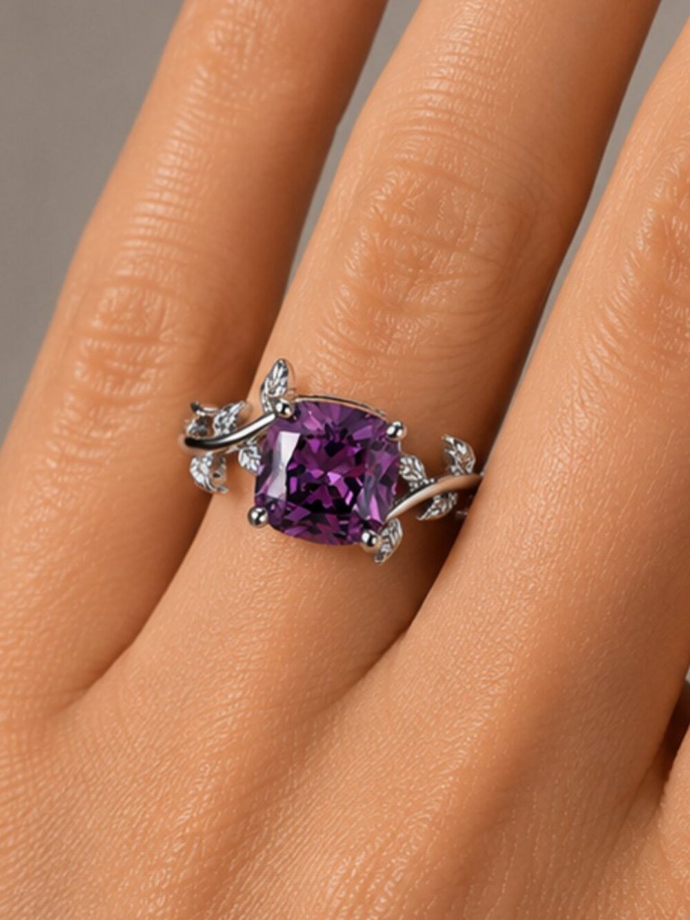 NEW 14k White Gold Amethyst Purple Diamond Ring Cushion Cut Ring